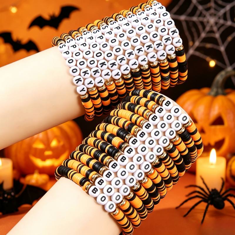 24pcs BOO Black Orange Halloween Bead Bracelet Set, Fun Gift